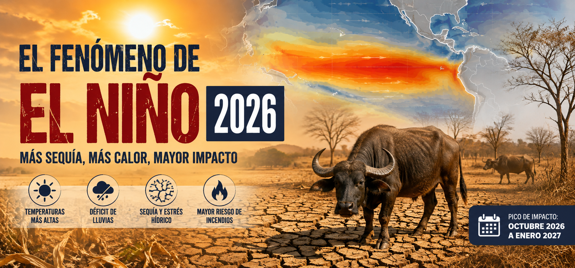 Fenómeno de El Niño 2026 en Córdoba, Colombia: sequía, altas temperaturas y estrés hídrico que afectan la ganadería bufalina y la disponibilidad de agua en los potreros.